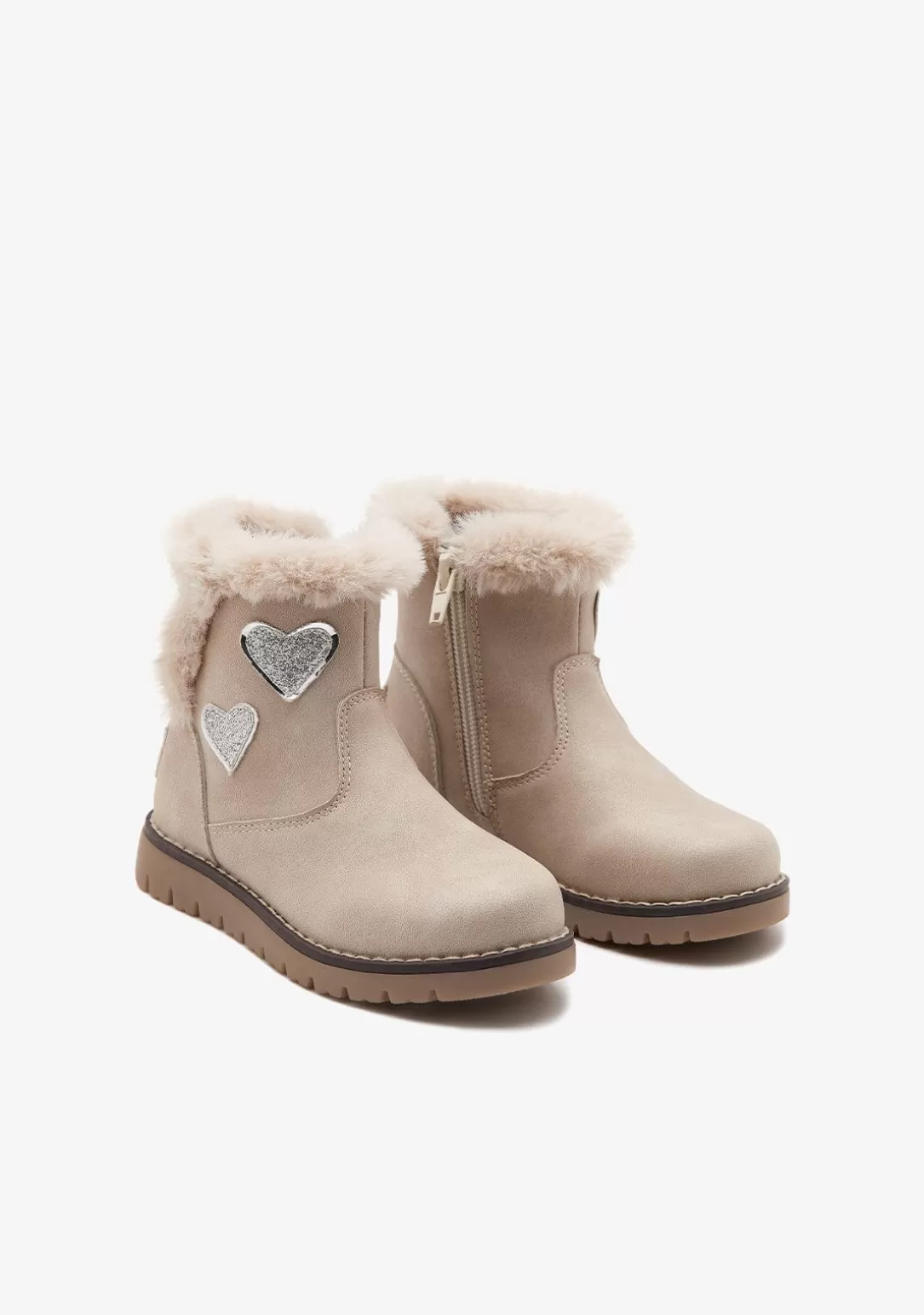 Conguitos Botas | Botas^Botas De Felpa Beige Con Corazones