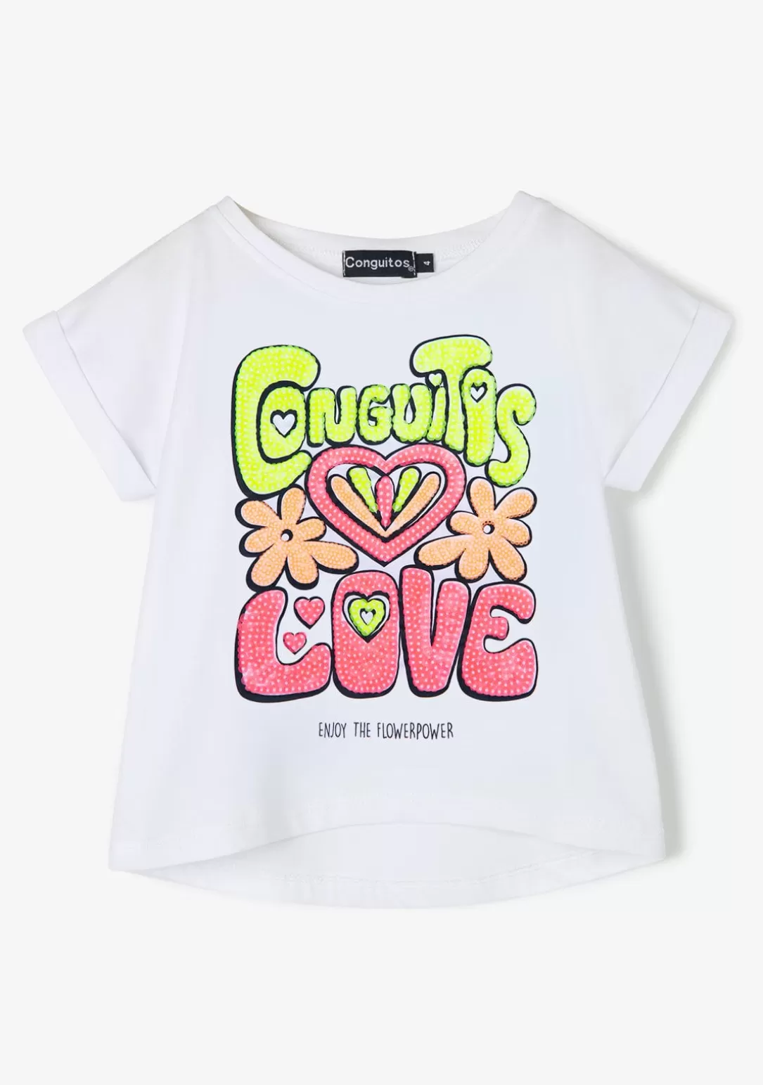 Conguitos Camisetas^Camiseta Blanca De Lentejuelas Love Fluor De Niña