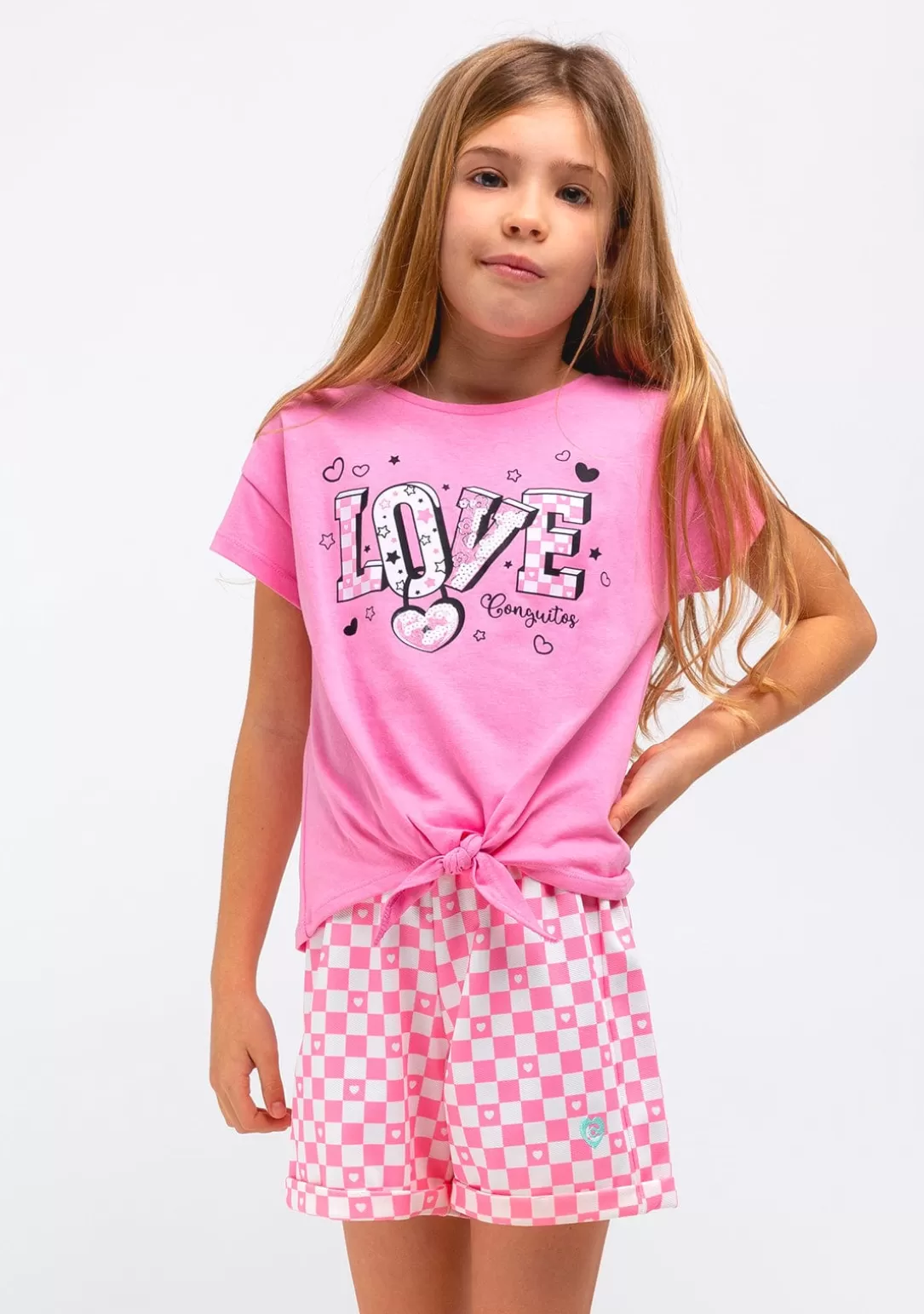 Conguitos Camisetas^Camiseta Niña Estampado Anudado Love Rosa