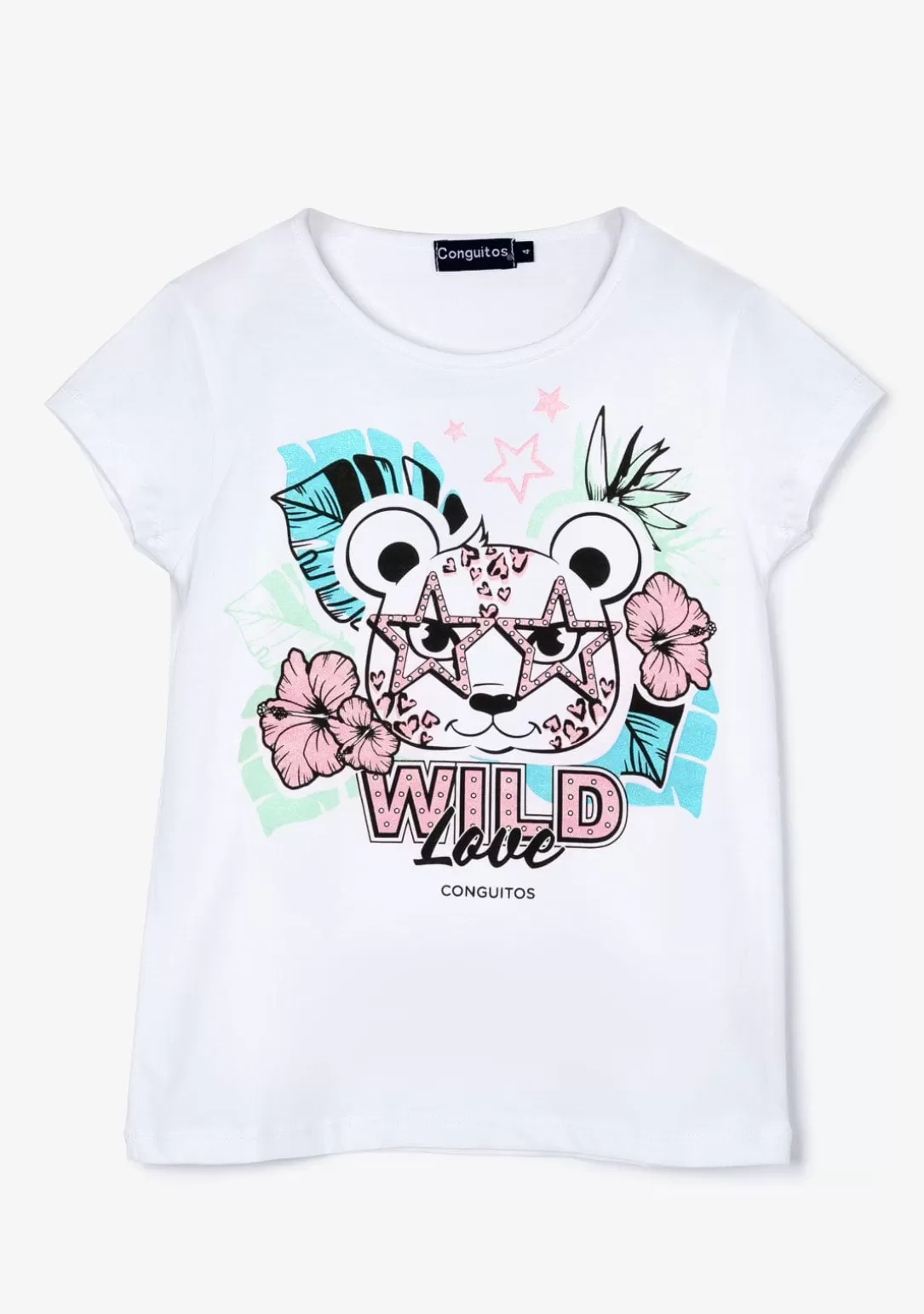 Conguitos Camisetas^Camiseta Niña Leopardo Glitter Blanco