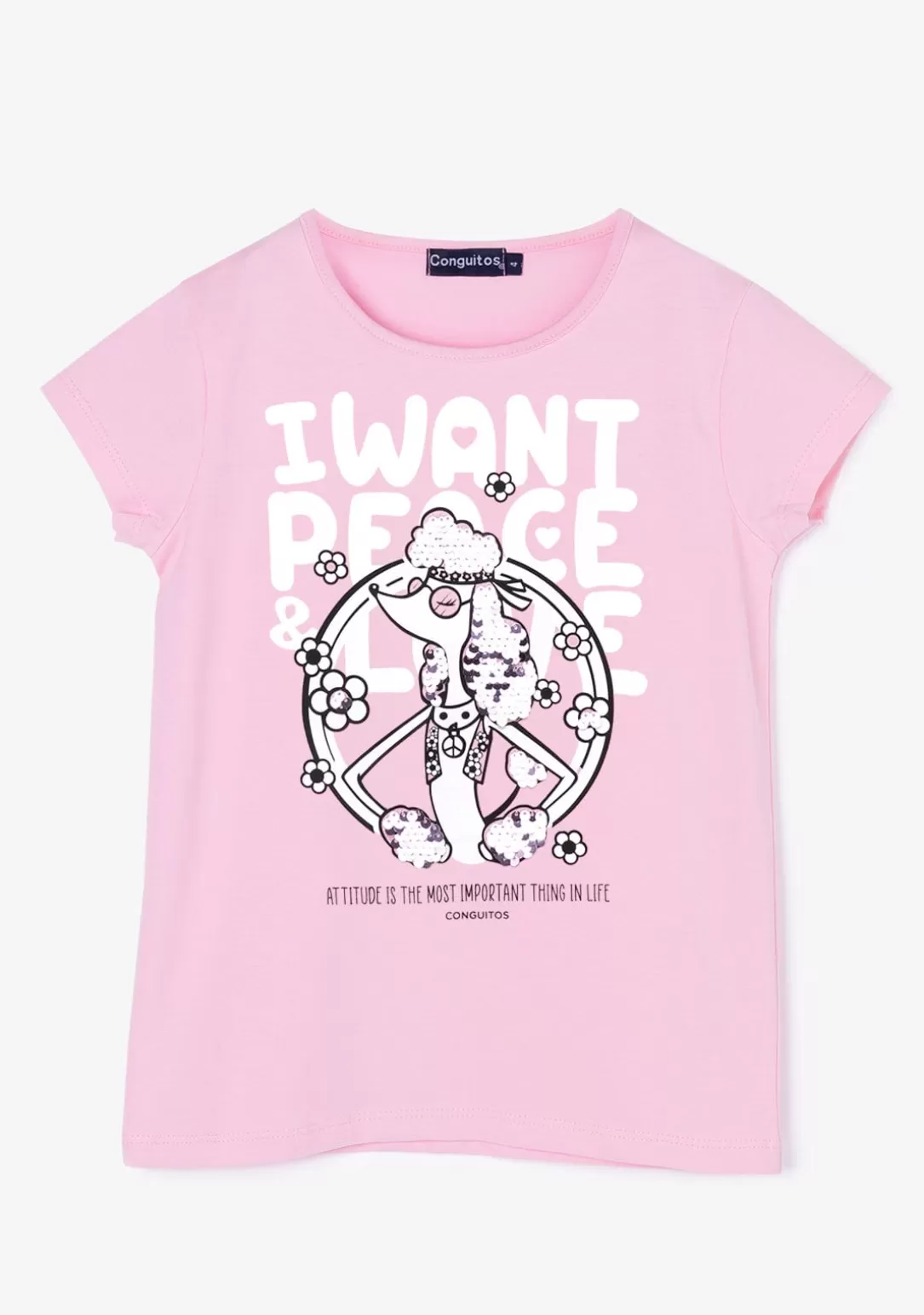 Conguitos Camisetas^Camiseta Niña Perrito Lentejuelas Rosa