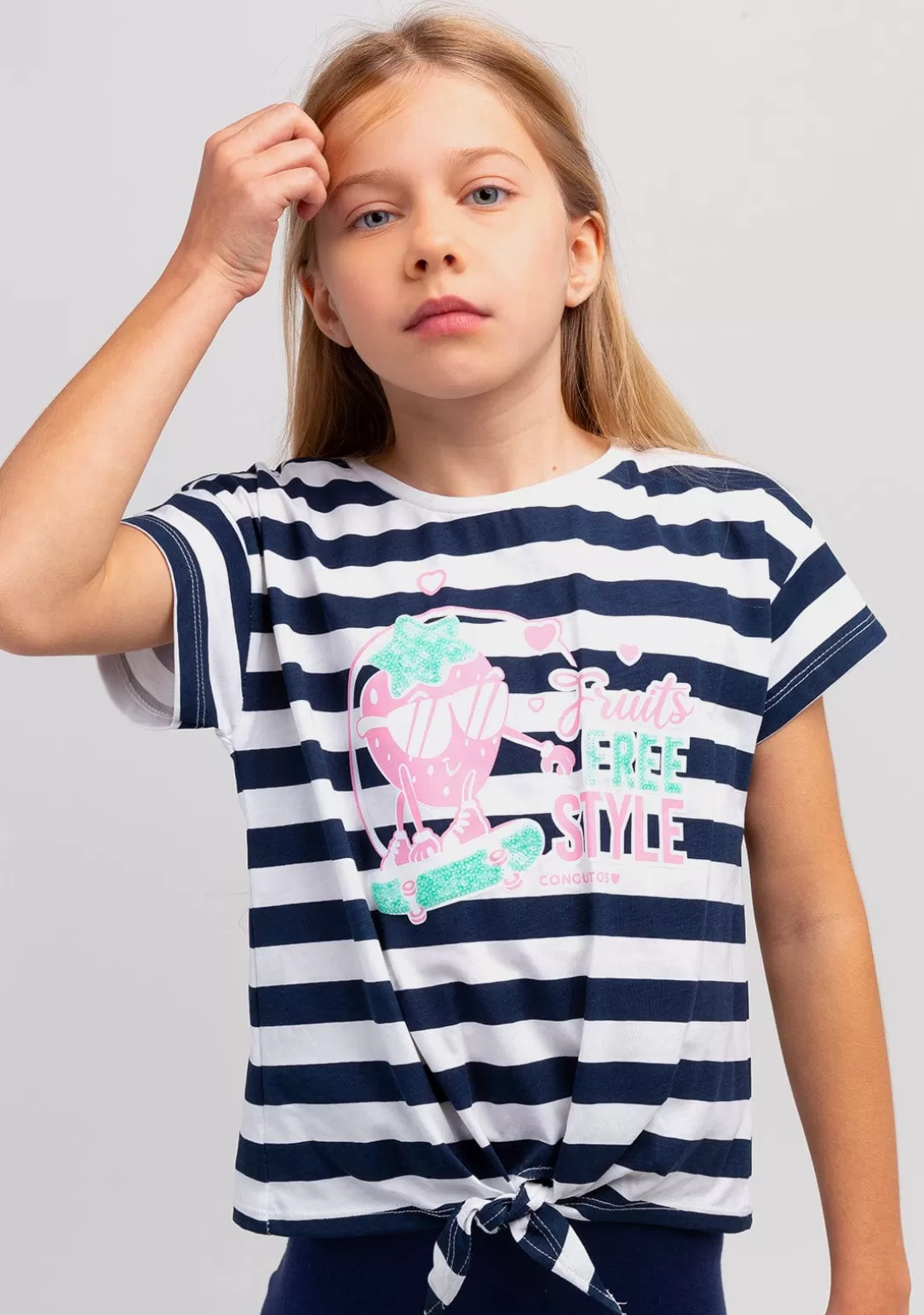 Conguitos Camisetas^Camiseta Niña Rayas Estampado Fresas Anudada