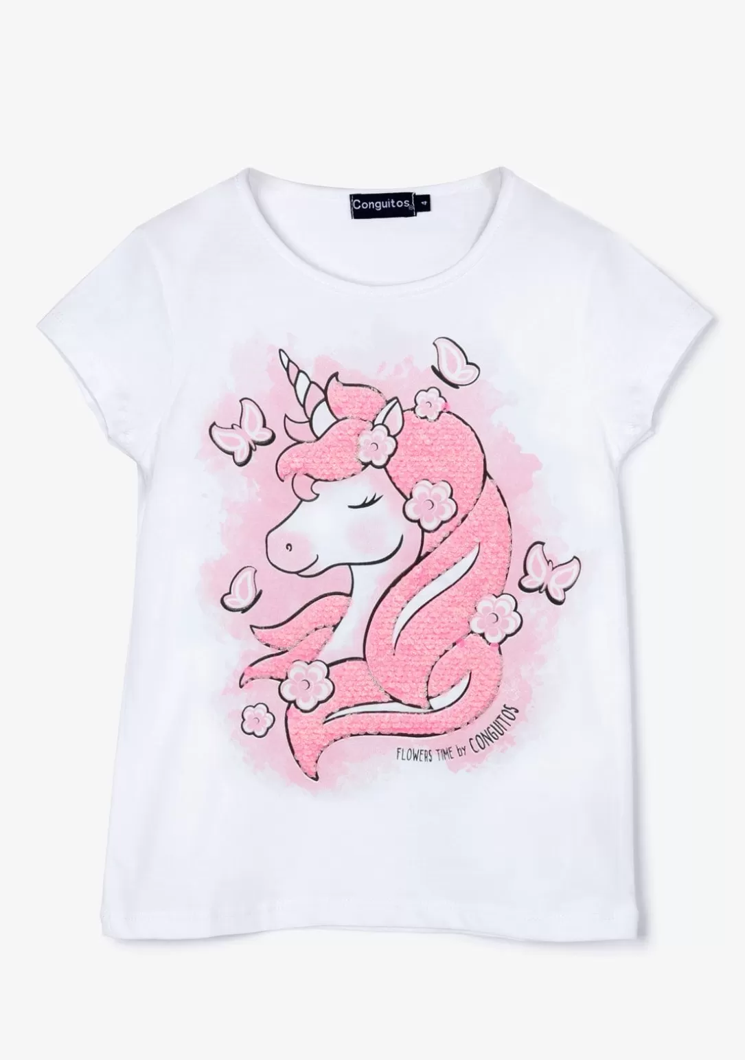 Conguitos Camisetas^Camiseta Niña Unicornio Lentejuelas Blanca