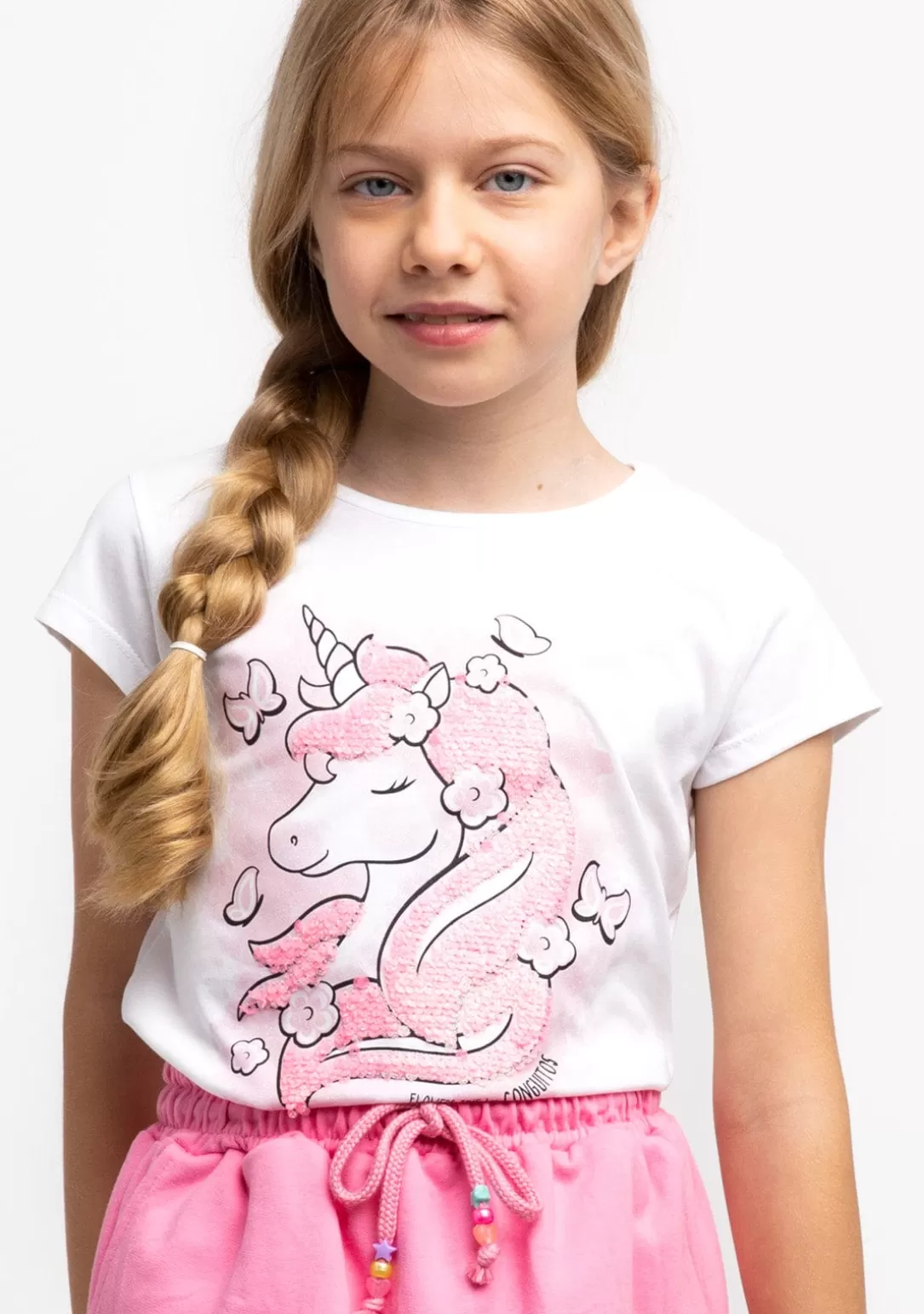 Conguitos Camisetas^Camiseta Niña Unicornio Lentejuelas Blanca