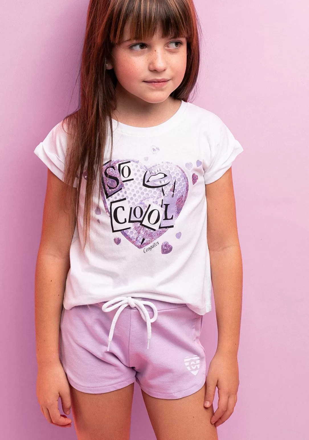 Conguitos Shorts^Short Deportivo De Niña Liso Corazón Malva