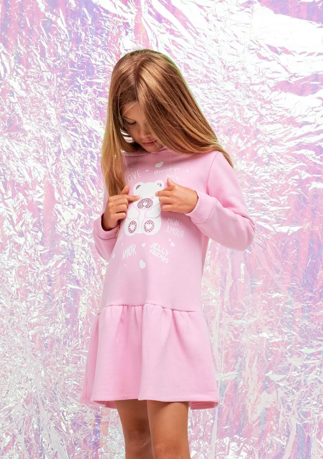 Conguitos Vestidos Sudadera | Vestidos^Vestido Niña Capucha Osito Pedrería Rosa